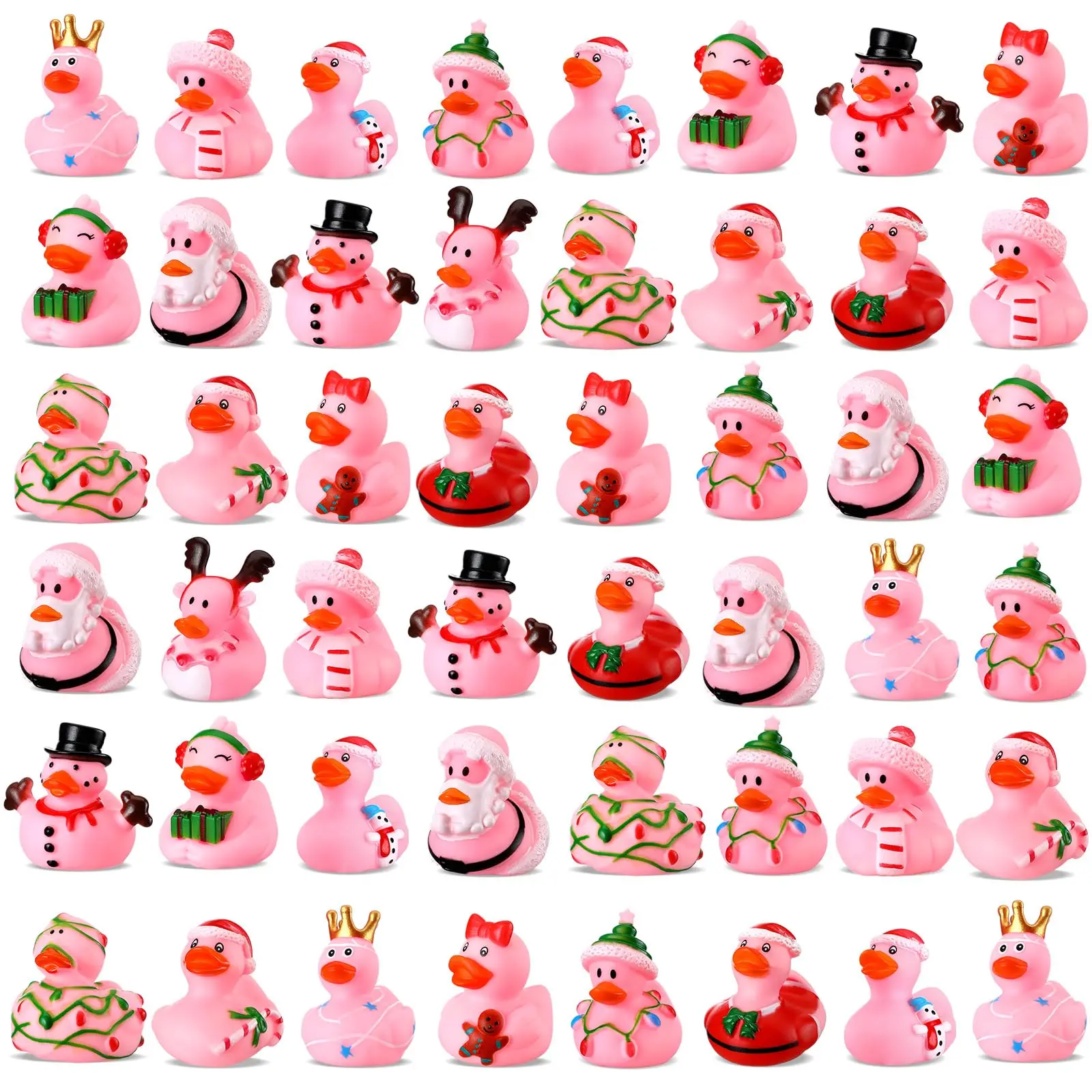 12/24/48pcs Pink Christmas Rubber Ducks 2 Inch Assorted Christmas Duckies Bath Toys Xmas Ducking Bathtub Toys for Kids