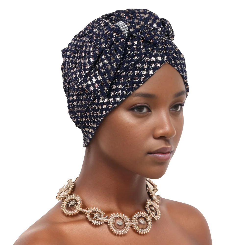 Indian Hat Bow Knot Diamonds Shiny Bonnet Turban Cap Women African Headscarf Muslim Hijab Beanies Chemo Cap Hair Loss Head Wrap