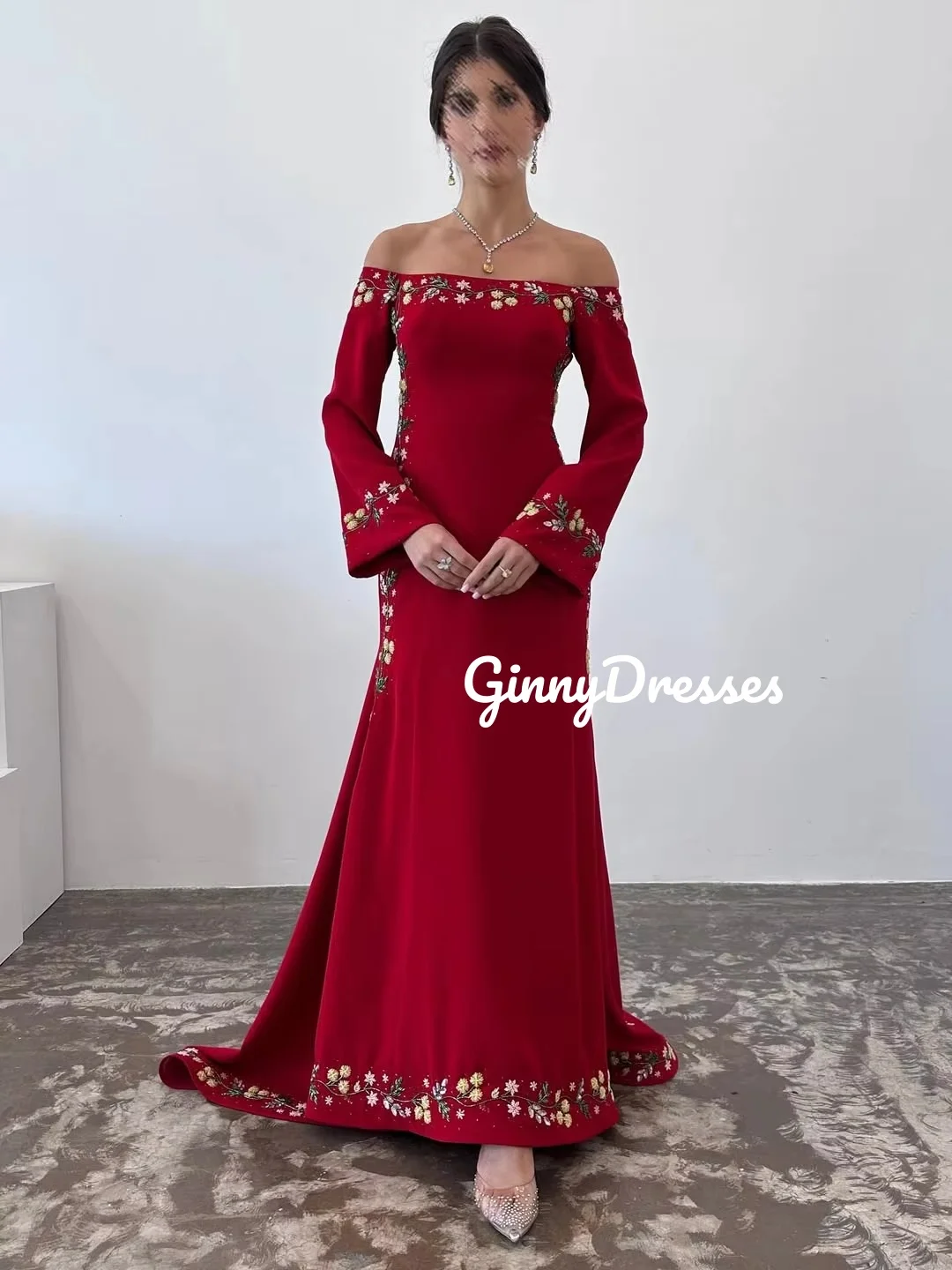 

Свадебное платье на заказ с длинными рукавами Вечернее платье русалки на молнии Красные платья длиной до пола с бисером для торжественных случаев