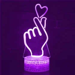 3D Loving Hand Gesture Finger Heart Night Lights Illusion Acrylic LED Table Bedside Lamp 7 Color Changing Home Room Decor Gift