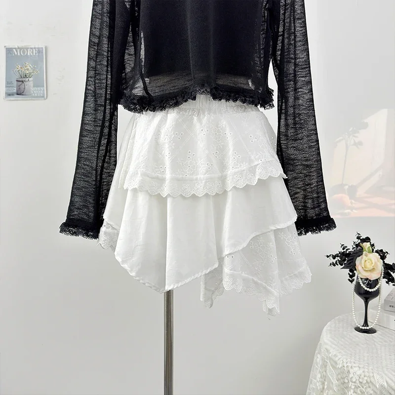 Irregular Design White Cake Skirts Women 2025 Spring Sweet Embroidery Hollowed Out Lace Up Fluffy Short Skirt Casual