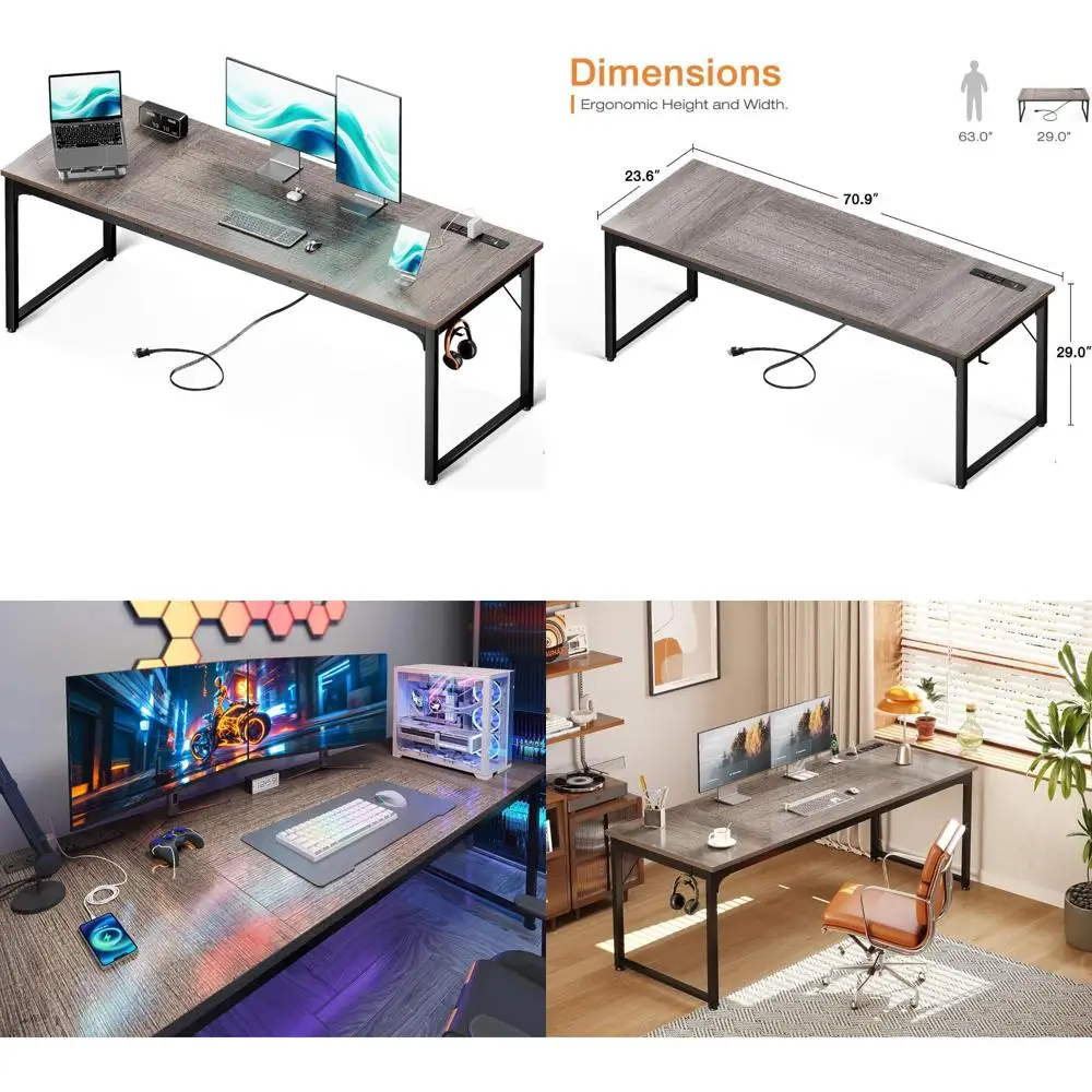 

Large Grey Oak Computer Desk with USB Ports, 71x24 Inches, Ideal for Office and Study