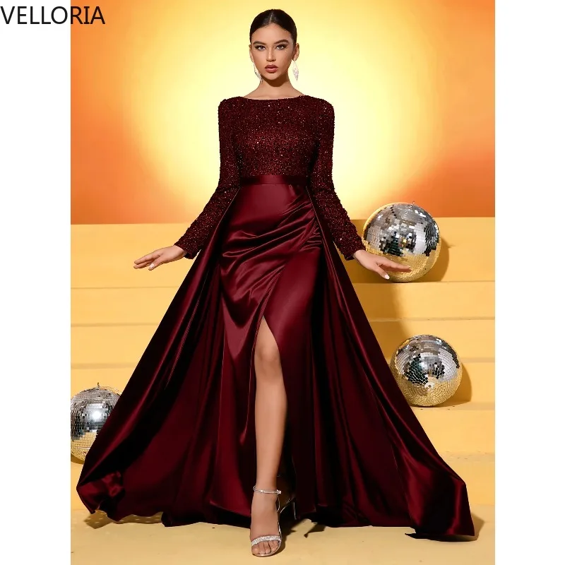 Elegant Burgundy Long Sleeve Party Dress Sequin Top Satin Evening Gown Custom 2025 Ball Gown Vestdos De Fiesta Customized