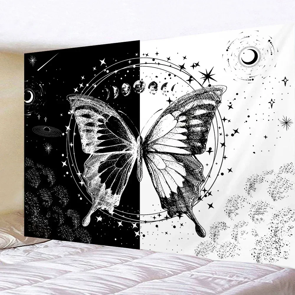 Butterflies and Moths Tapestry Black and White Flower Tapestry Wall Hanging Beach Blanket Romantic Bedroom Dorm Home Decor