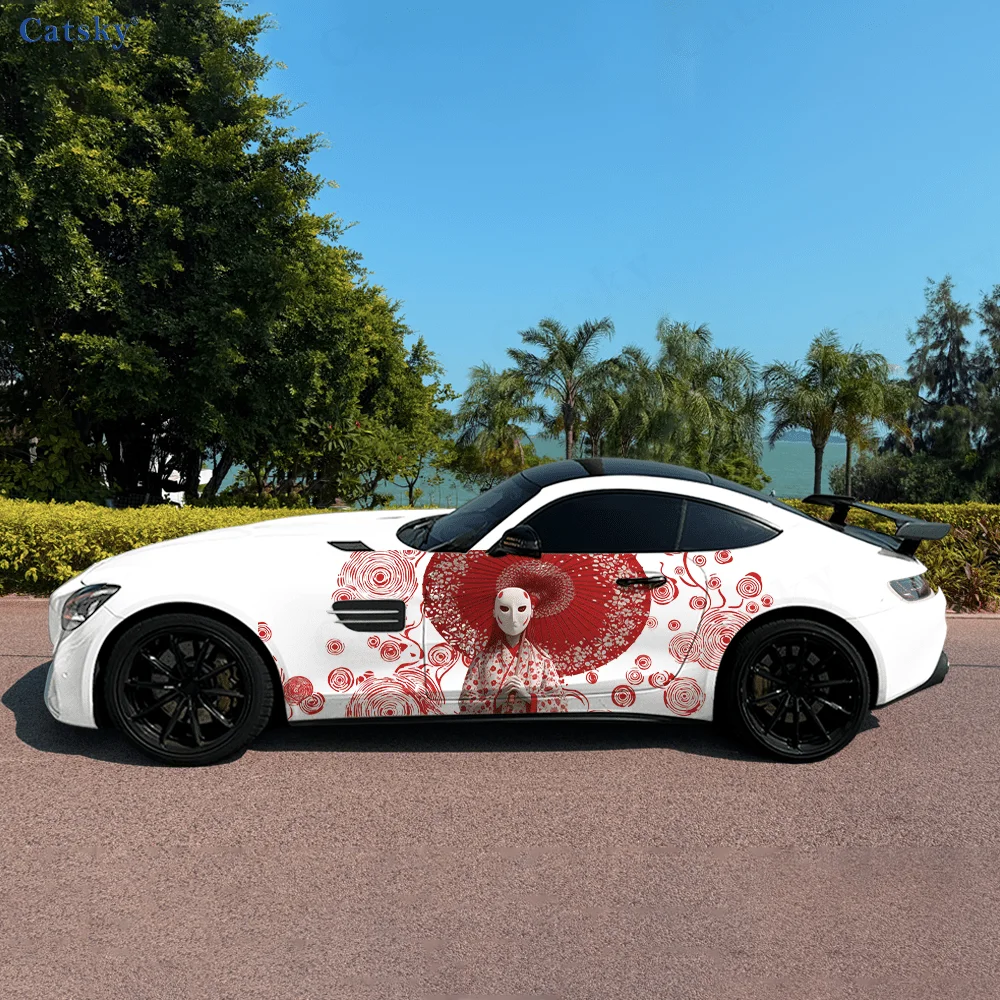 Japanese Woman Mask Red Car Vinyl Wraps Decal Self-adhesive PVC Sticker Suitable for Trucks SUV Decoration Auto Accessories Gift