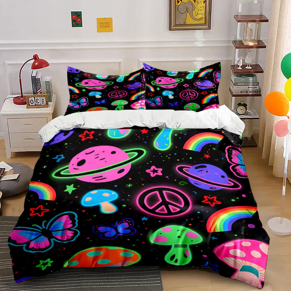 Neon cosmic patterns with peace signs Print Bedding Set 1 Duvet Cover 2 Pillowcases for Adult and Children Luxury Gift