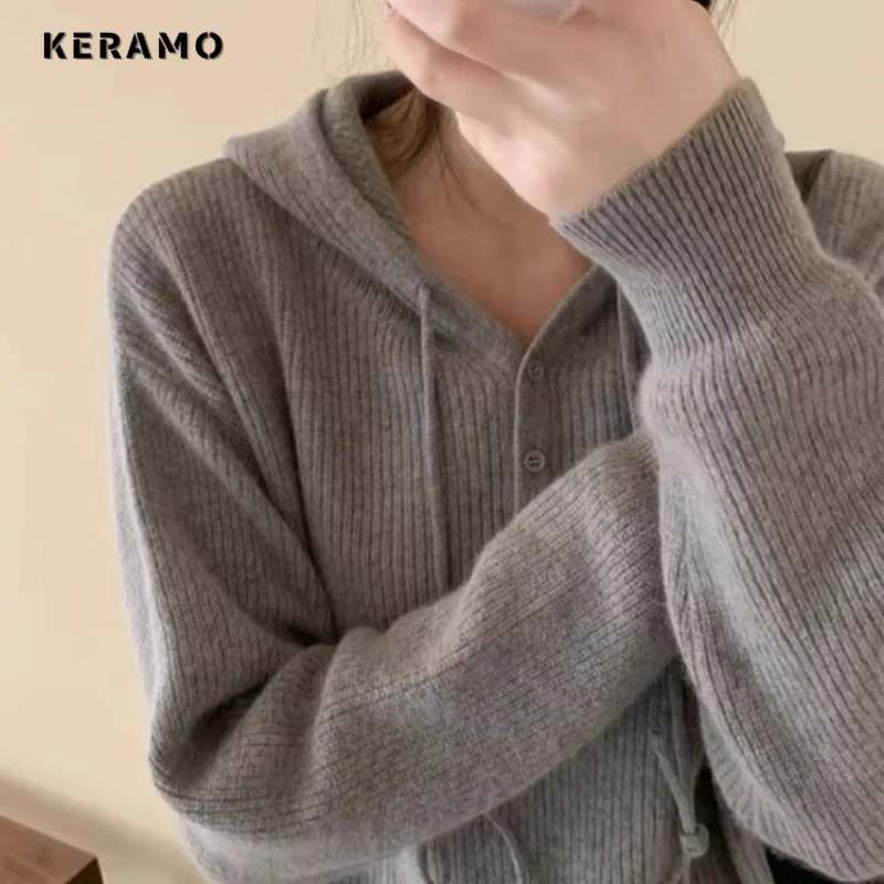 

Женские шикарные винтажные вязаные повседневные пуловеры с капюшоном и длинными рукавами 2024, зимняя мода, женский свободный женский свитер на шнурке, топ