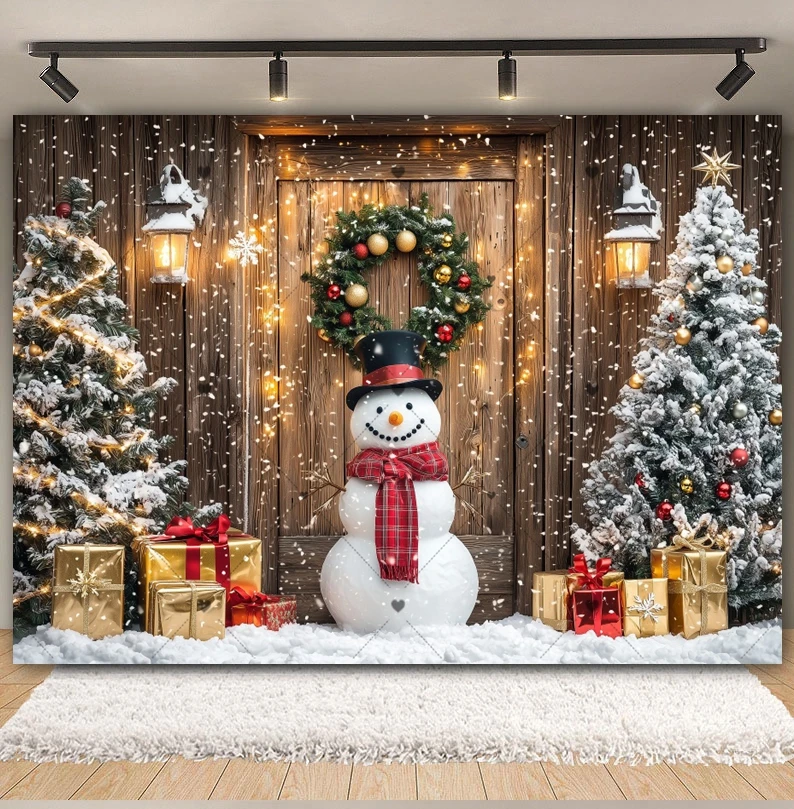 Tło fotograficzne świąteczne z motywem bałwana, zimowe drewniane drzwi, choinka, szalik, prezent, wieniec, portrety dziecięce, dekoracja, tło do studia.