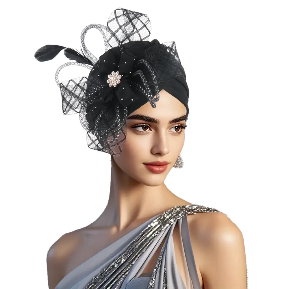 Amazon AliExpress New Exaggerated 3D Feather Large Flower Turban Hat Headwrap for Daily Outing Church Mother