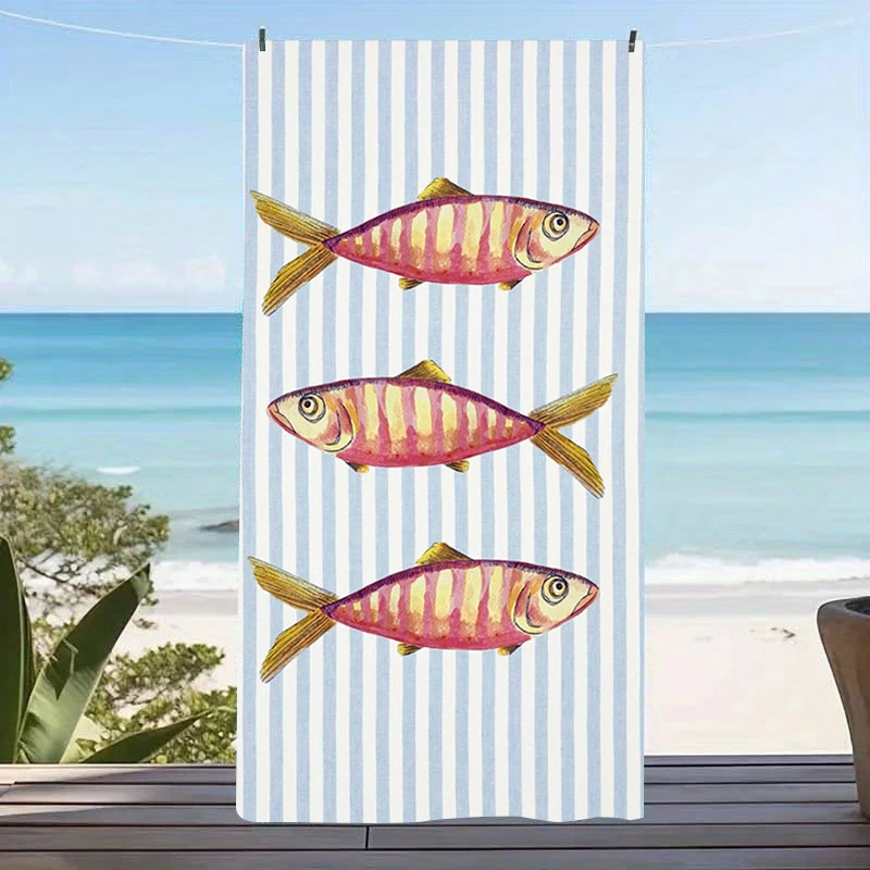 Aesthetic Coastal Sardine Microfiber Beach Towel Large Red Striped Sandproof Bath Towels Light Weight Quick Drying Swim Blanket
