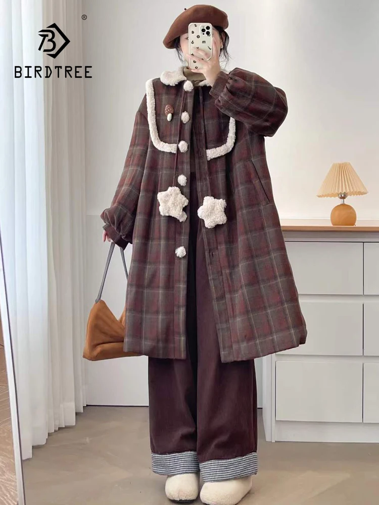 

New 2025 Winter Cotton Padded Long Sleeve Overcoat, Women Lapel Plaid Lace-up, Mori Girl Age Reduction Warm Loose Coat C5D355CC