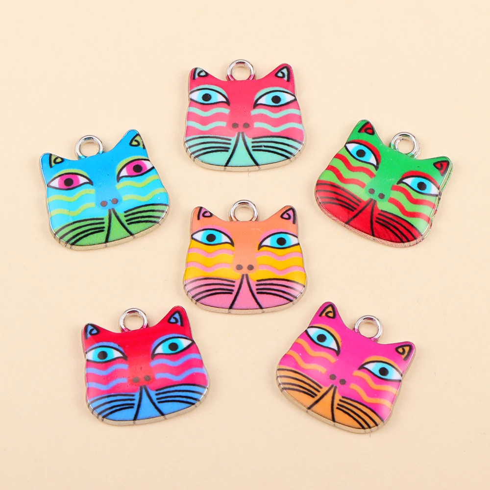 Encantos coloridos do gato do esmalte para fazer jóias, chapeado prata, bracelete animal, colar, brincos, pingentes, acessórios DIY, 10pcs