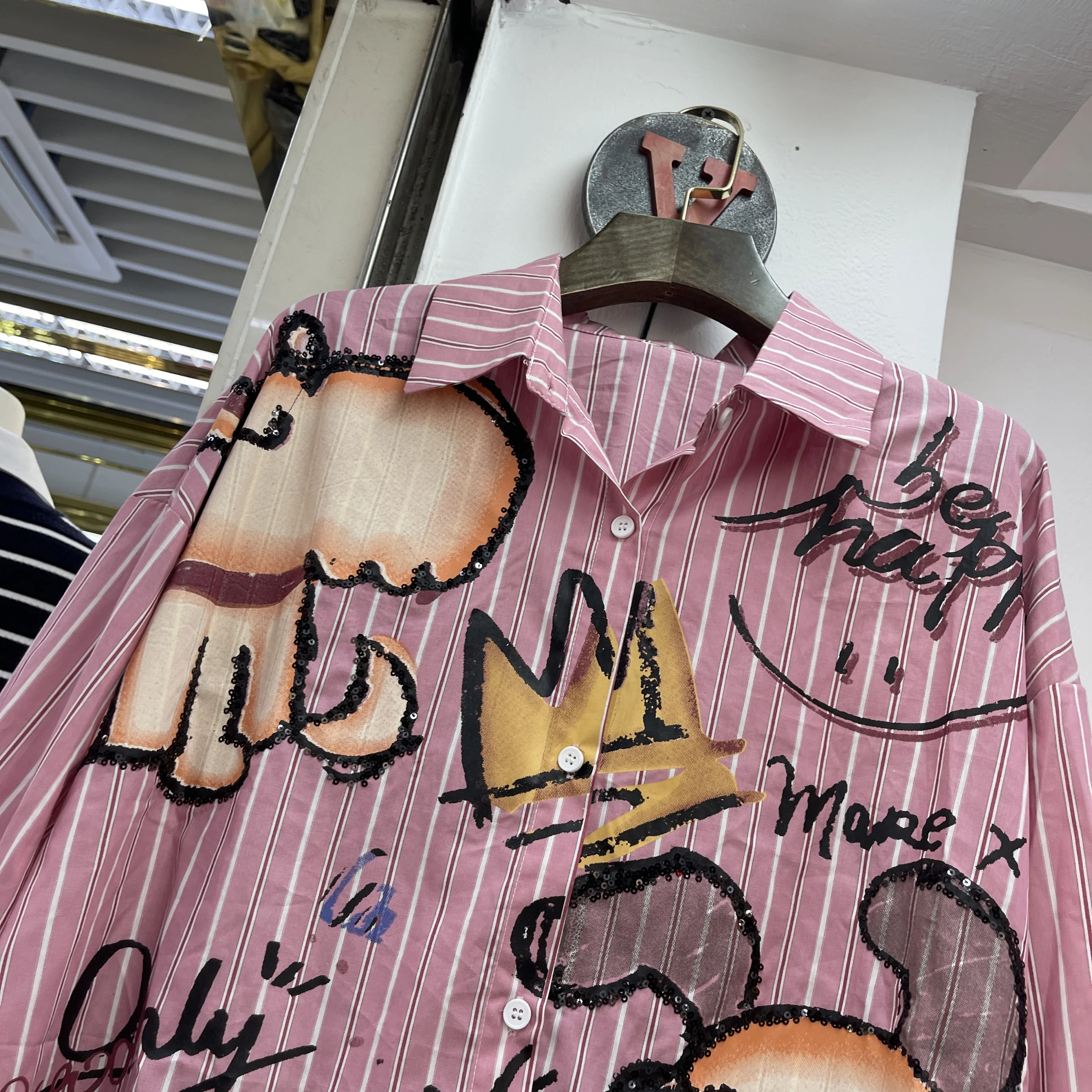 Cute Shirts for Women 2025 Spring New Loose Medium Length Plaid Cartoon Printing Long-sleeved Shirt Womens Tops