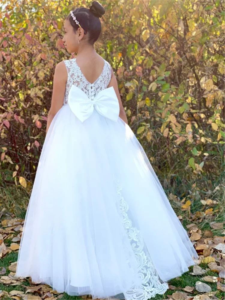 Vestido elegante de tul blanco sin mangas para niña, cinturón de lazo de encaje, vestidos de niña de flores, baile, desfile de belleza, primera comunión, regalo sorpresa de sueño para niños