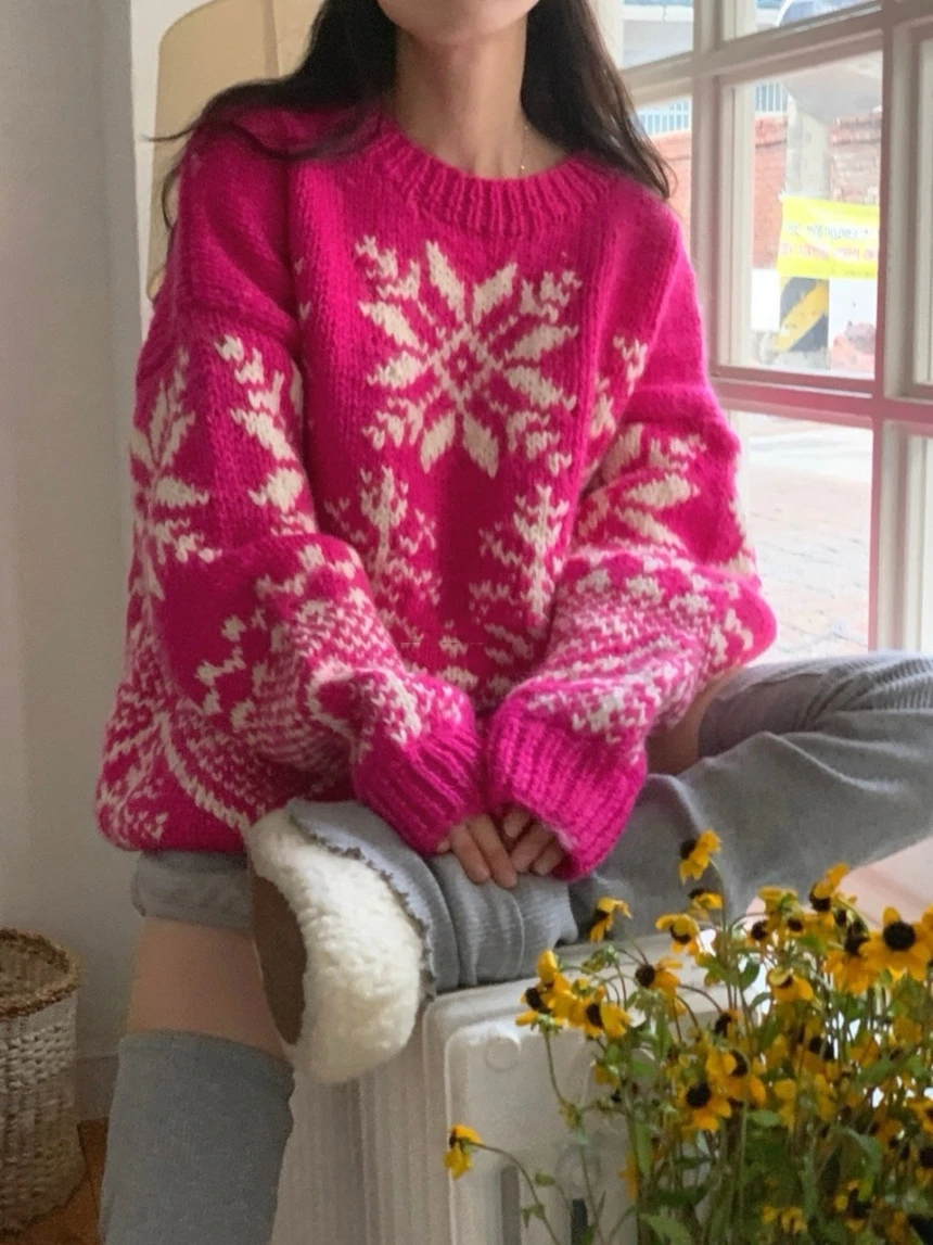 

2Colors 2026 autumn Winter Korean style O Neck Warm Floral Vintage Christimas Snow Knitted Sweater and pullover womens(JJ9738
