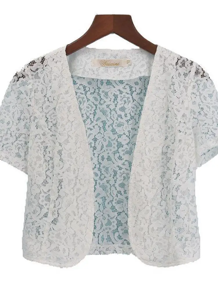 سترة نسائية مفتوحة من الدانتيل مع وسادة كتف رفيعة ملابس خارجية للصيف والربيع مع حزام فستان كاجوال أنيق