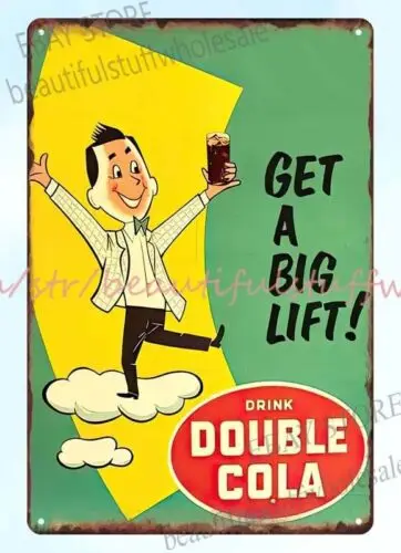 advertising of life wall art 1950s Double Cola get a big lift metal tin sign