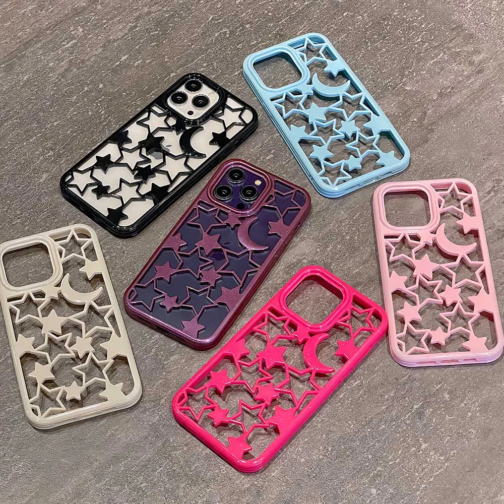 INS Hollow Out Glitter Star Moon Individuality Phone Back Case For iPhone 11 12 13 14 Pro Max Heat Dissipation Shockproof Funda