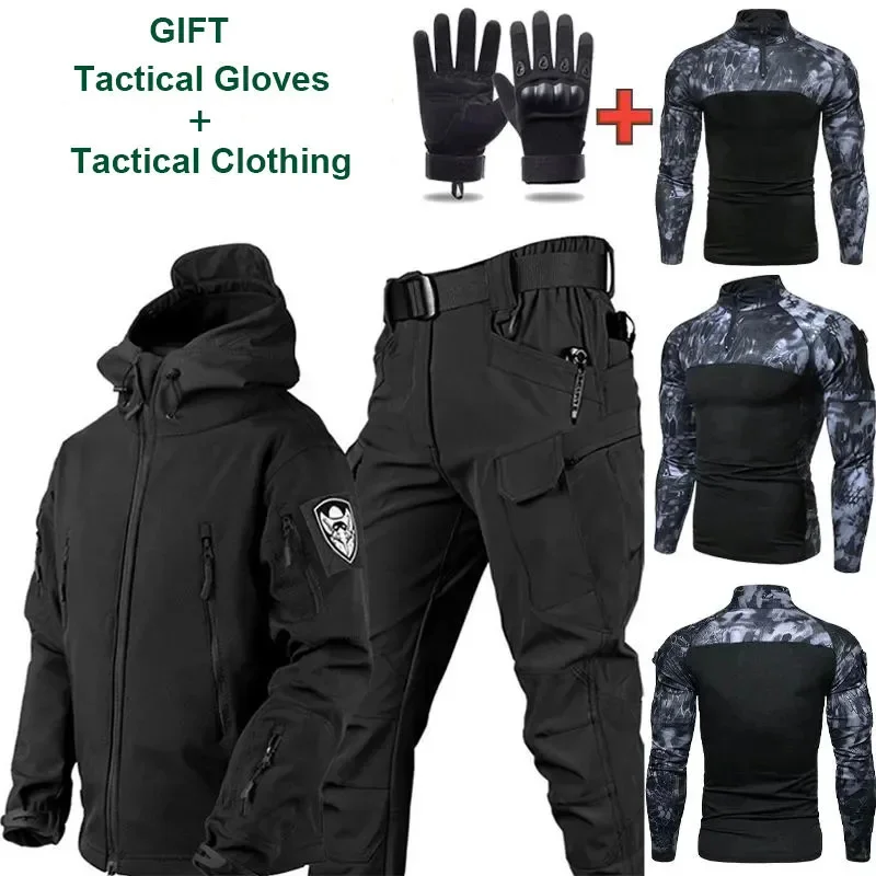 

Oulylan 4PCS Tactical Suit Set Men Outdoor Waterproof Multi-Pocket Soft Shell Hooded Jackets Sharkskin Work Pants