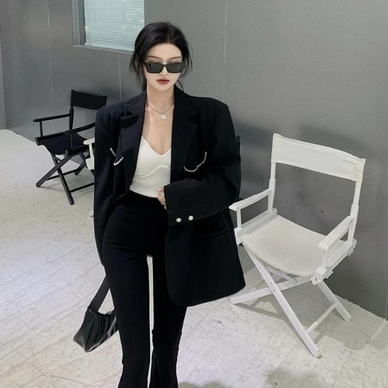 Damska czarna, luźna marynarka casualowa, wiosna/jesień 2025, minimalistyczny design z wyższej półki, styl koreański, luźny streetwear