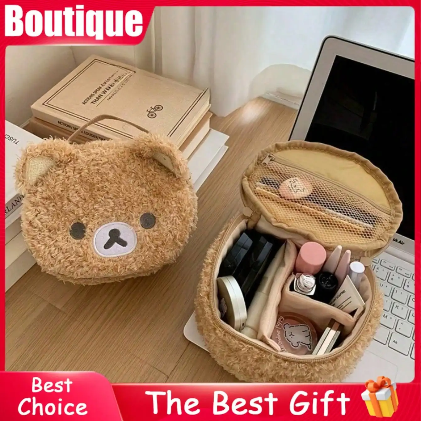 Linda Bolsa de Maquillaje de Peluche con Diseño de Oso para Mujer, Bolsa de Cosméticos Portátil de Viaje con Adorable Diseño 3D y Detalles Bordados