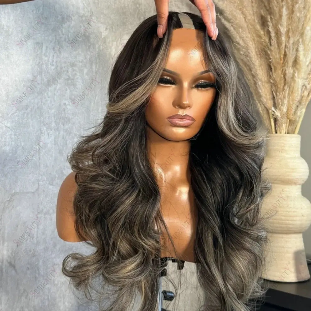 Damenperücke, lange, gewellte, aschblonde Haare mit Highlights, 1x4-Größe, U-Part-Perücke, aus Echthaar, Remy-Indisches Haar, klebefreie V-Part-Perücke mit Clips. – Detail 1