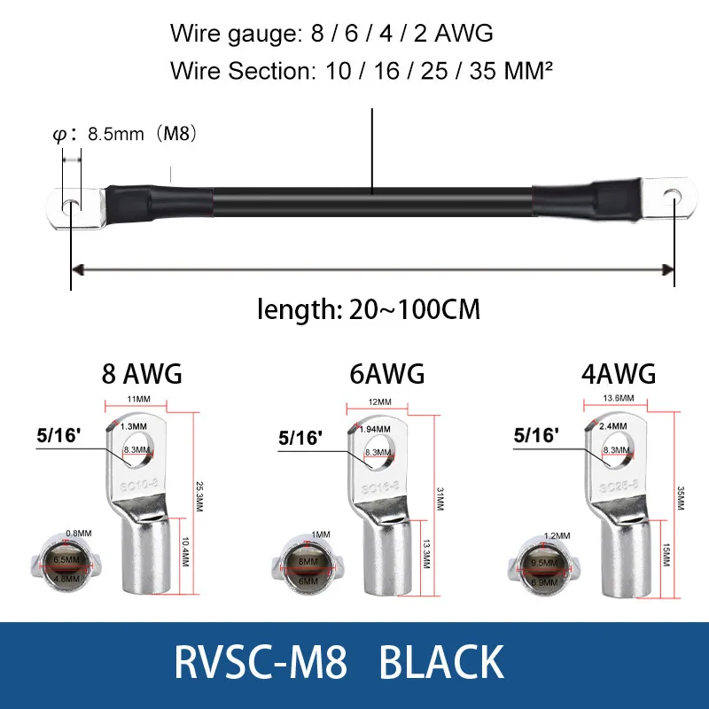 12V 24V 48V 72V RV Battery UPS Cable M8 Terminals Connect Copper Wire Cable 8/6/4 AWG Inverter Car Battery UPS