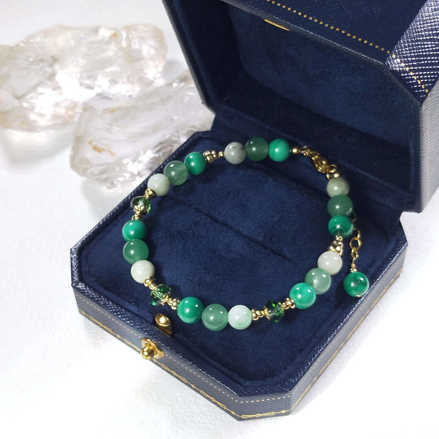 Lii Ji Natural Jade Malachite Green Aventurine 6mm American 14K Gold Filled Charms Bracelet Handmade Fashion Jewelry For Party