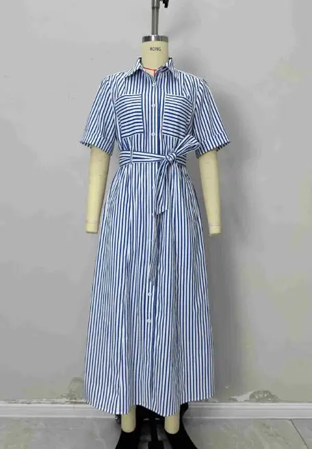Classic Striped Print Lapel Slim Fit Lace Up Waist Dress for Summer Women's Casual Simple A-Line Short Sleeved Shirt Dress
