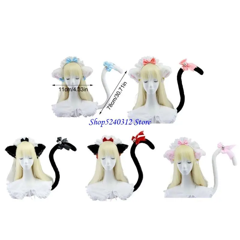 634C اليدوية أفخم القطط آذان Headbands Fauxs الفراء الذيل لجميع القديسين تأثيري ملابس تنكرية للحفلات اكسسوارات للأطفال الكبار #6
