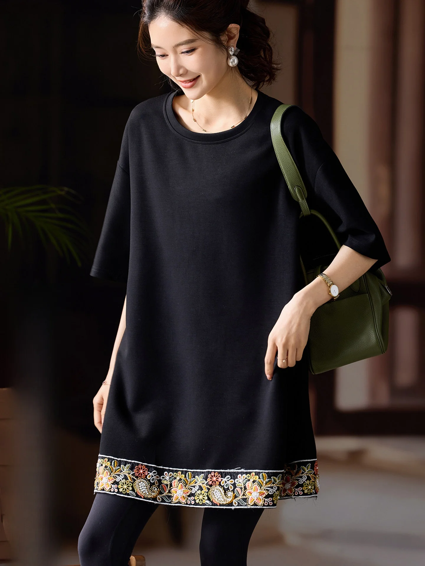 

Ele Bla Embroidered Midi ort Sve T-irt Women's plus Size New Chinese Sle Spring Faion Ladies' Top