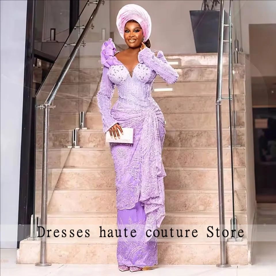 

Gorgeous Lilac Lace African Traditional Bridal Dress Aso Ebi Wedding Reception Dresses Black Women Formal Party Gowns Custom