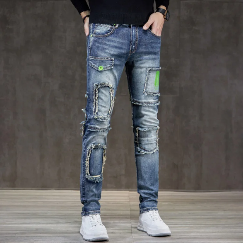 2024new American High Street Jeans Herren Lokomotive Stil Mode Persönlichkeit Slim Fit Patchwork Nähhose