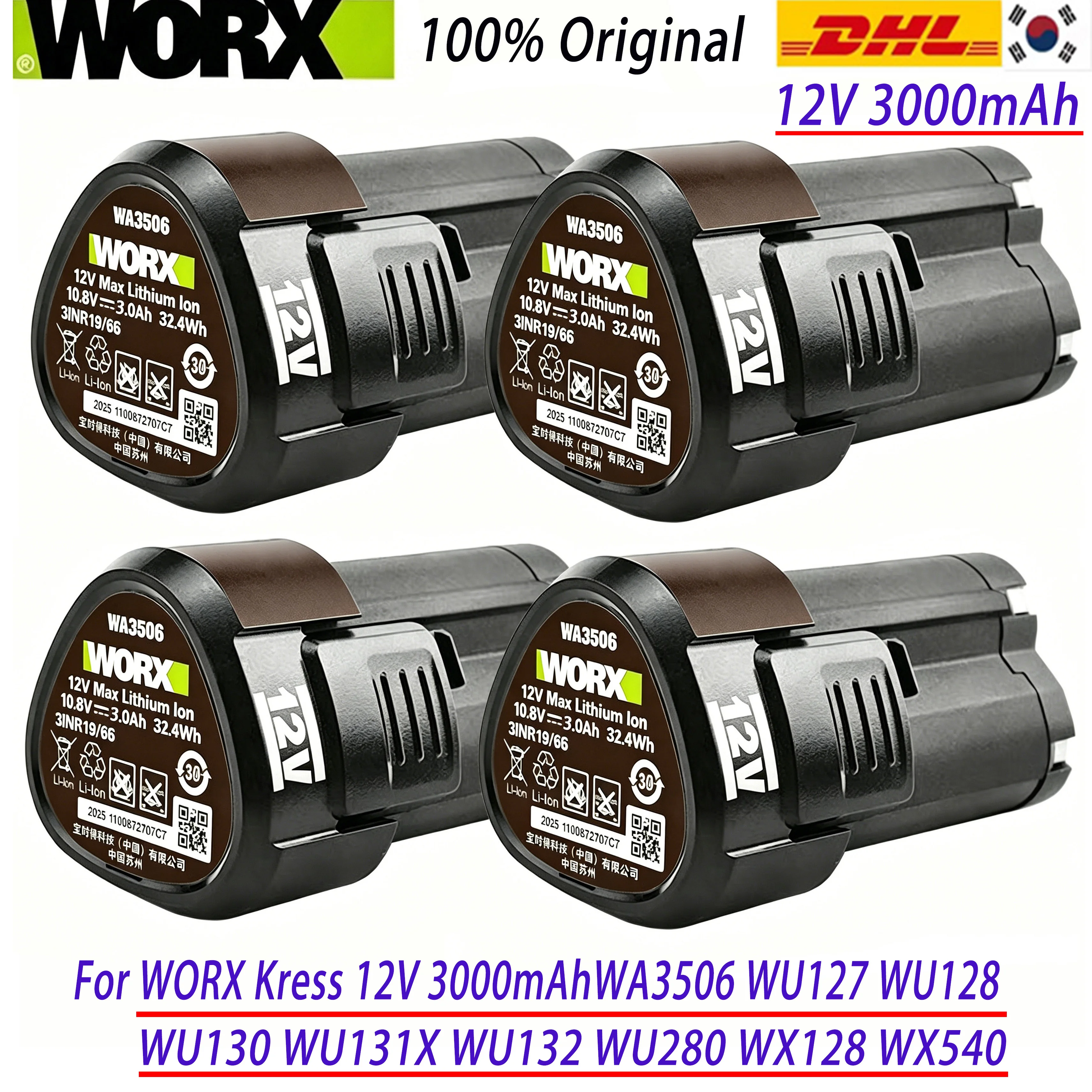 

100% Original 3.0Ah for WORX Kress 12V WA3506 WU127 WU128 WU130 WU131X WU132 WU280 WX128 WX540 Power Tool Battery