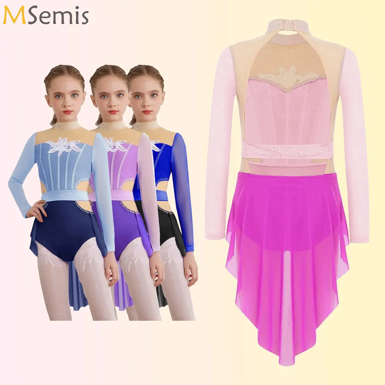 

Kids Girls Gymnastics Figure Skating Bodysuit Long Sleeve Shiny Rhinestone Mesh Overlay Skirted Leotard Lyrical Dance Costume