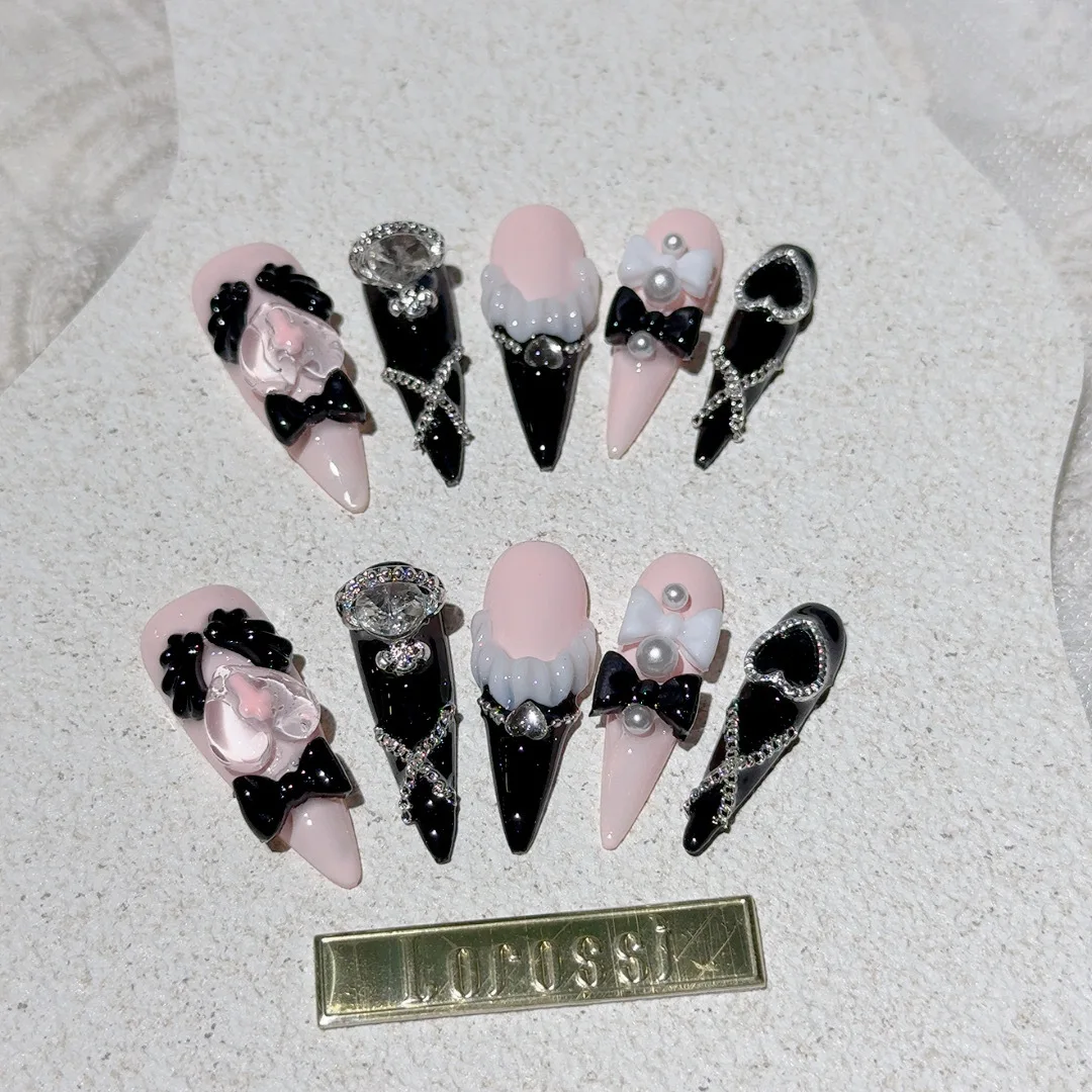 

10PCS Handmade Spice Girls Press On Nails Y2K Black Pink Bow Long Tip Nail Art Pearl Chain Cross Cool Fake Nail for Women