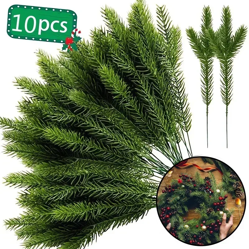 Christmas Pine Needle Branches, planta falsa, enfeite de árvore Decorações para casa, DIY Wreath Gift Box, flores do casamento, 10pcs