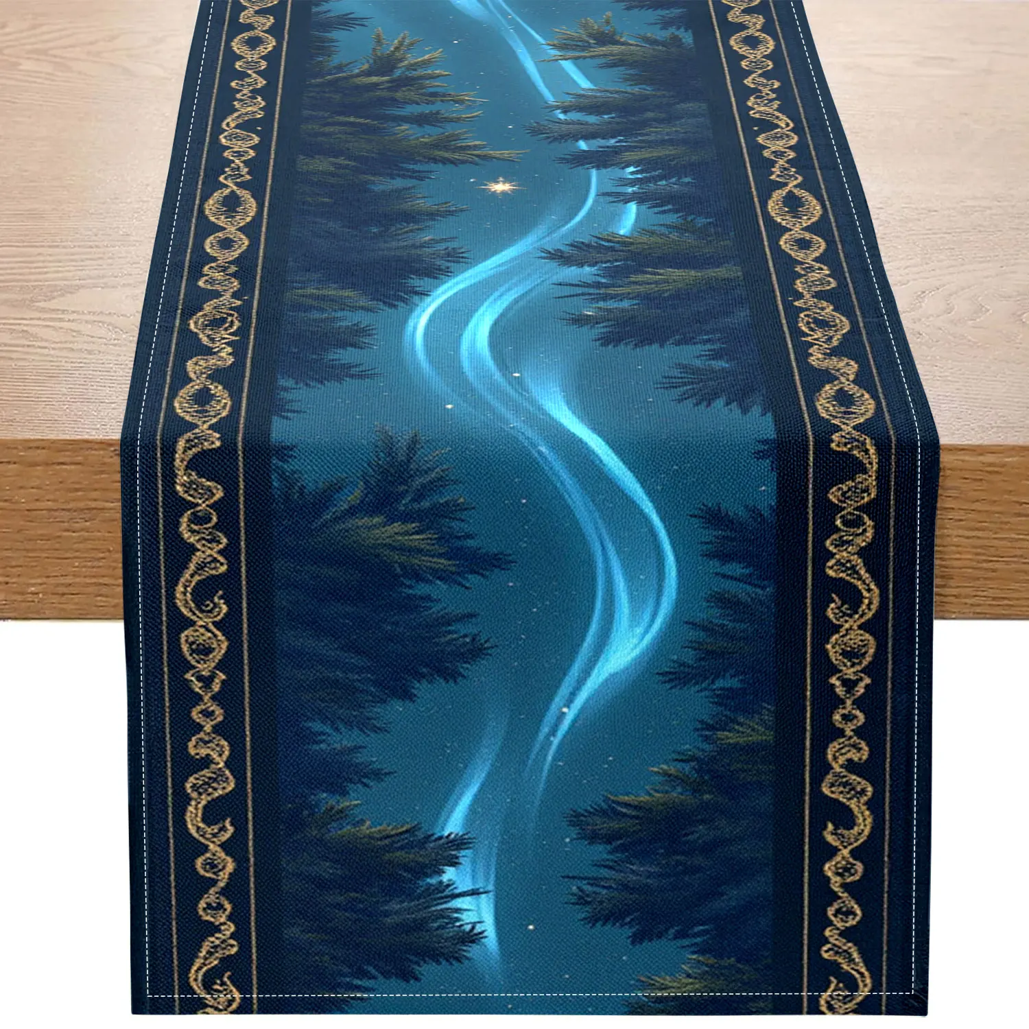 1Pc Starry Forest Theme Table Runner with Starlight, Forest,