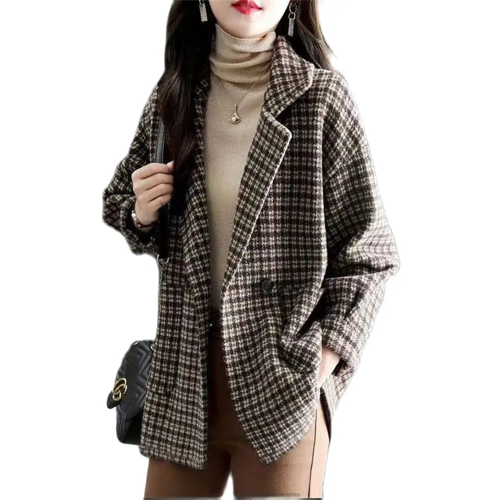 Women Woolen Blazer Double Breasted Plaid Female Suit Jacket Fashion Korean Outerwear Loose Blaser Coat New Vintage Houndstooth