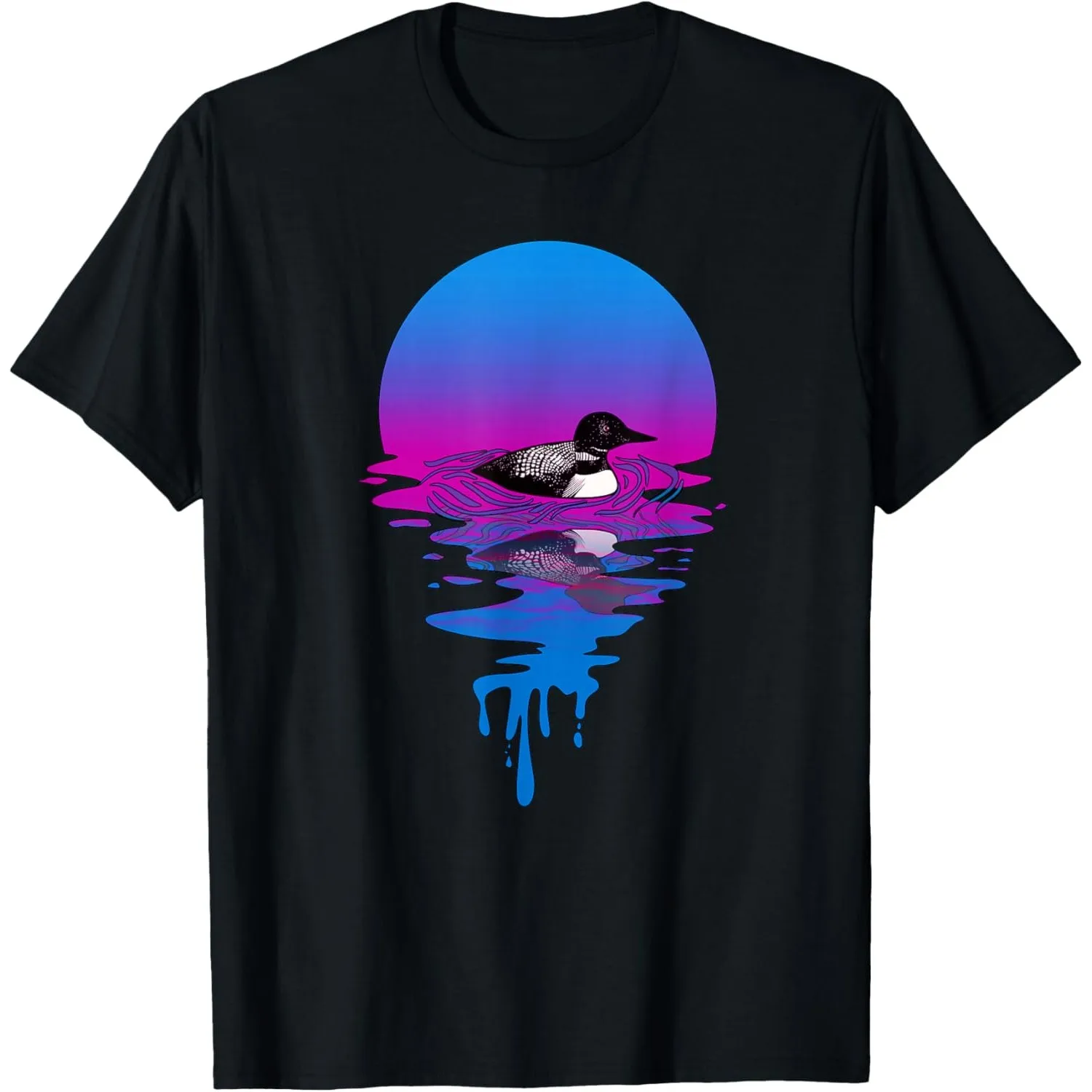 Loon Bird Sunset Vaporwave Graphic Tee Retro Nature Lover Trip Casual Short Sleeve T-Shirt