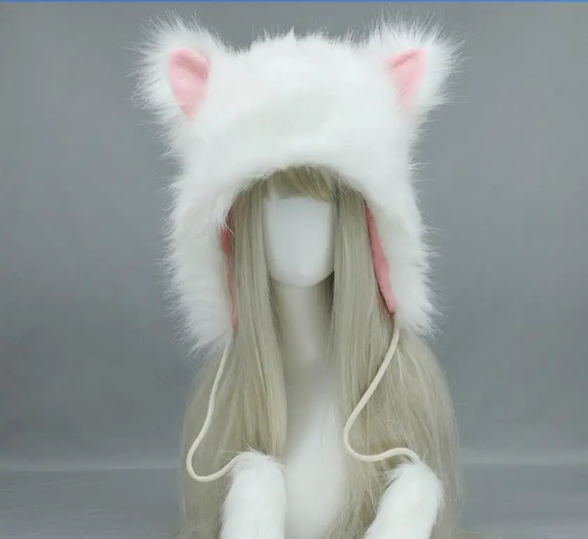 20pcs Party Faux Fur Hat Winter Cat Ear Fuzzy Plush Warmer Soft Beanie Furry Earflap Cap Cosplasy Props Black White