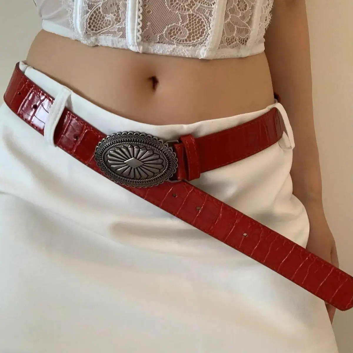 Vintage Oval Metal Engraved Waist Belt, Stylish Exquisite Women's Belt, Youth Jeans Waistband