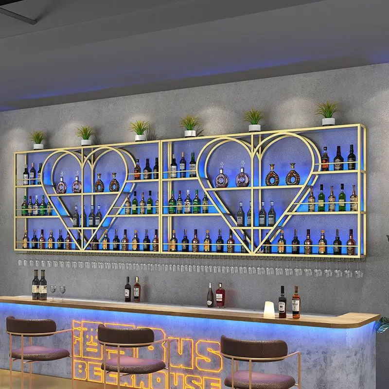 Bar table, wrought iron high-end wine cabinet storage rack, diamond-shaped wine cabinet on the restaurant wall, wall-mounted