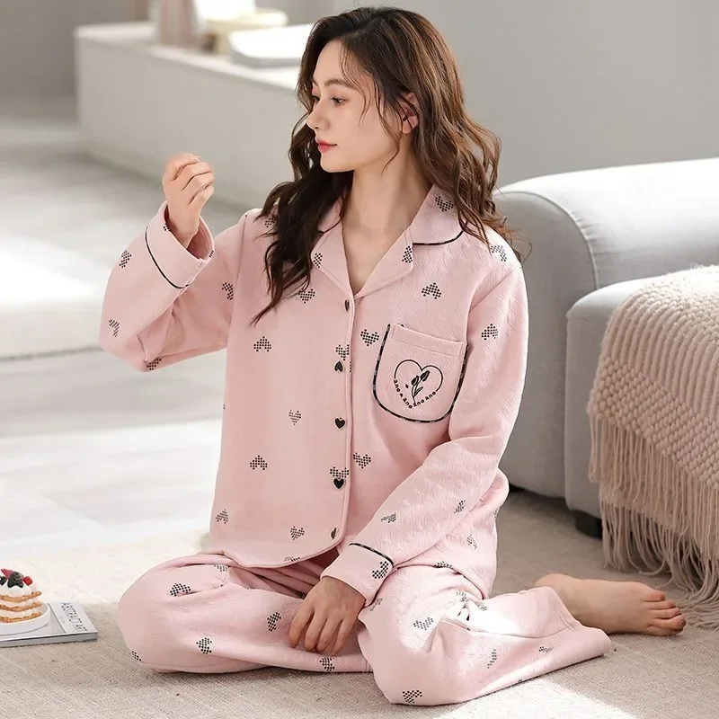 2024 New Autumn Winter 100% Pure Cotton Loungewear Sandwich Pajamas Women's Cotton Warm Sleepwear Plus Size V-neck Homewear Set