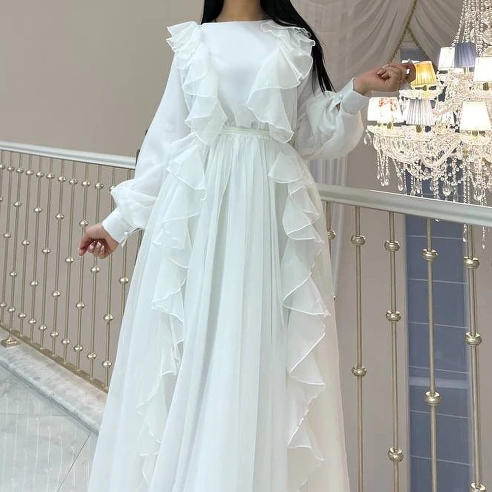 Chiffon Long Sleeves O-neck Floor Length Straight Evening Dress Sweep Train Buttons Temperament Photo Color Saudi Arabia 2024