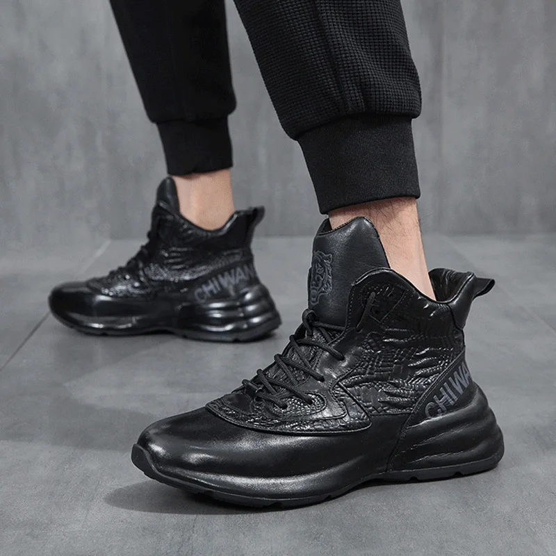 Autumn Winter Korean Style Men Full Grain Leather Ankle Short Boots Male High-top Casual Genuine Leather Sneakers Shoes