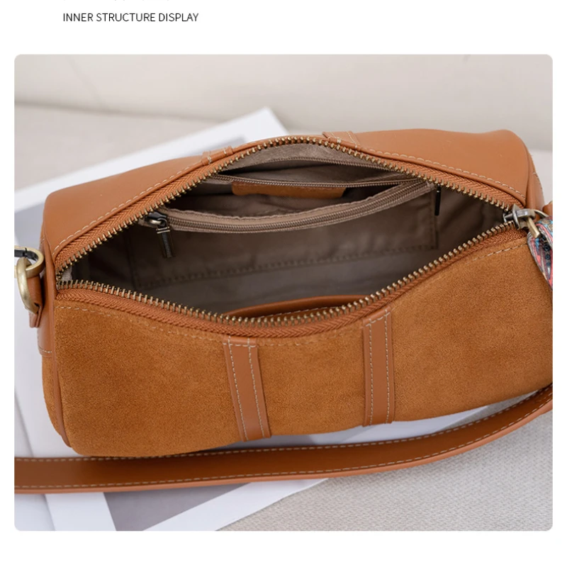 Genuine Leather Women\'s Small Bag High-end Retro Cylindrical Handbag Frosted Cowhide Ladies Shoulder Crossbody Bag High Quality