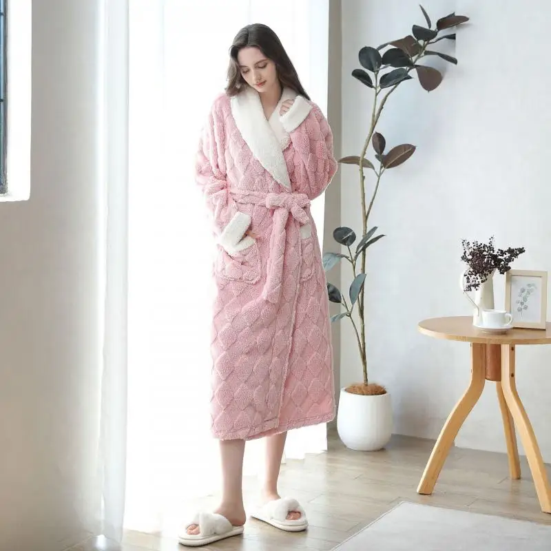 Pakaian rumah wanita jubah Jacquard baju tidur flanel tebal baju tidur Kimono panjang dengan saku jubah mandi wanita baju tidur