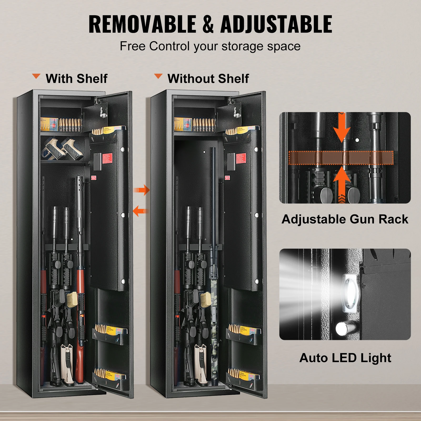 VEVOR 6 Rifles Gun Safe Rifle Safe W/ Fingerprint & Digital Keypad Lock Removable Gun Storage Cabinet W/ Built-in Storage Locker