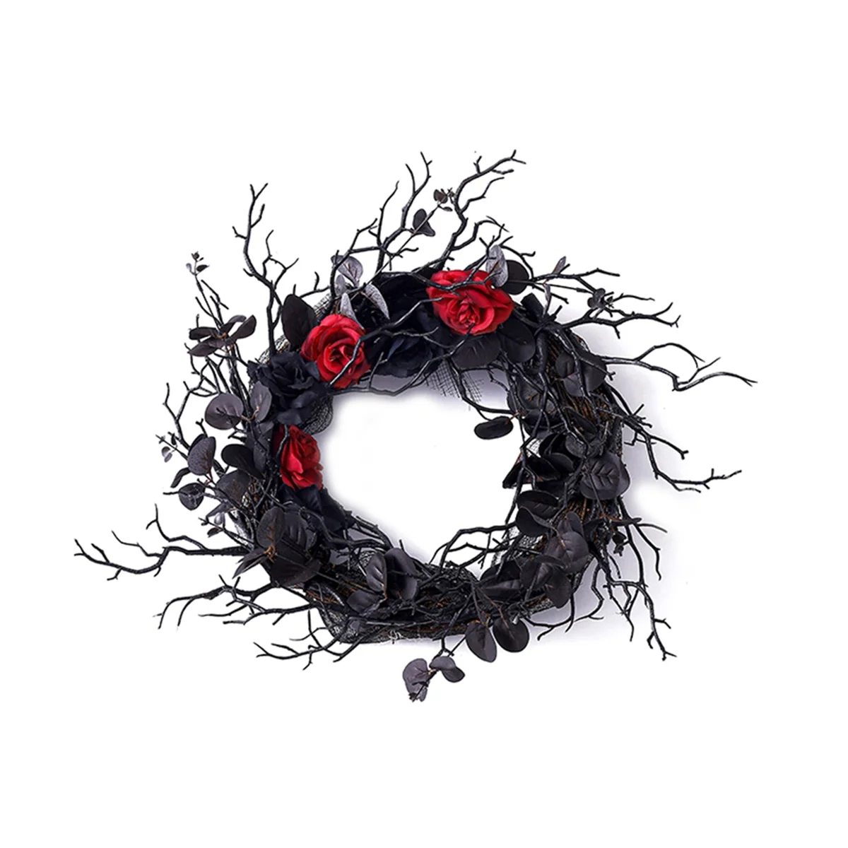 إكليل باب الهالوين الأسود مع إكليل الورد الأحمر للباب الأمامي إكليل أسود لديكور المنزل على الطراز القوطي للهالوين